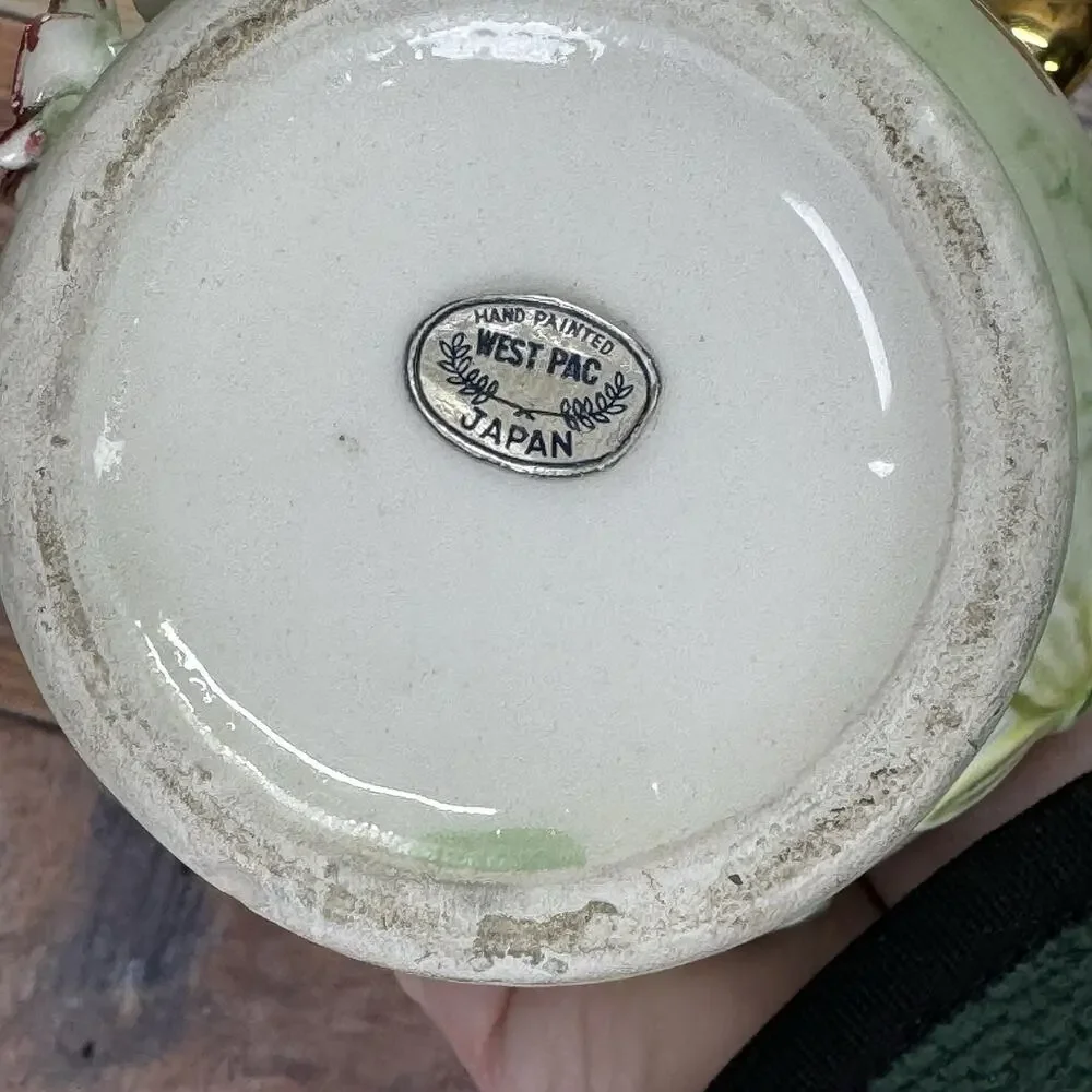 Vtg West Pac Japan‎ Porcelain Hand Painted Gold Trim Floral Relief Vase Pitcher